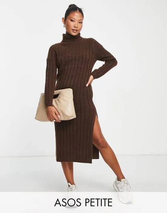 ASOS DESIGN Petite knit midi dress with turtle neck in brown