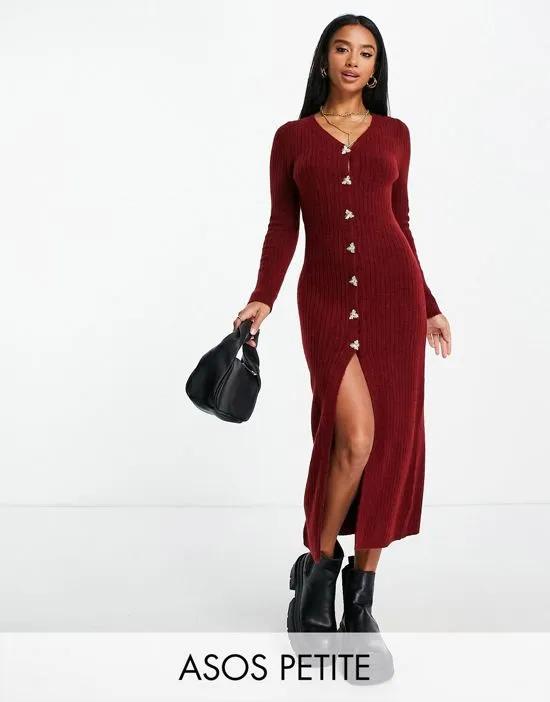ASOS DESIGN Petite knit ribbed button up maxi dress in dark red