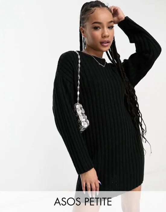ASOS DESIGN Petite knit ribbed mini sweater dress in black