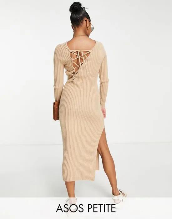 ASOS DESIGN Petite knitted maxi dress with asymmetric lace up back detail in neutral