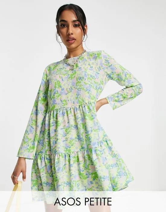 ASOS DESIGN Petite long sleeve tiered smock mini dress in green floral print