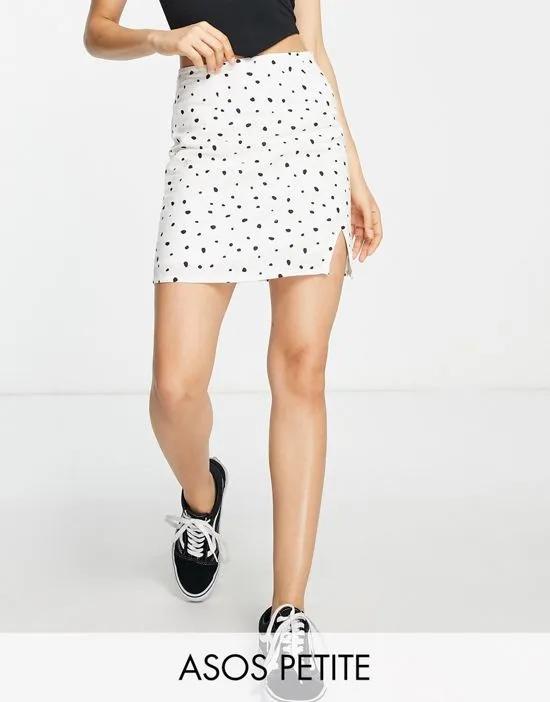 ASOS DESIGN Petite mini skirt in linen look with notch hem in spot print