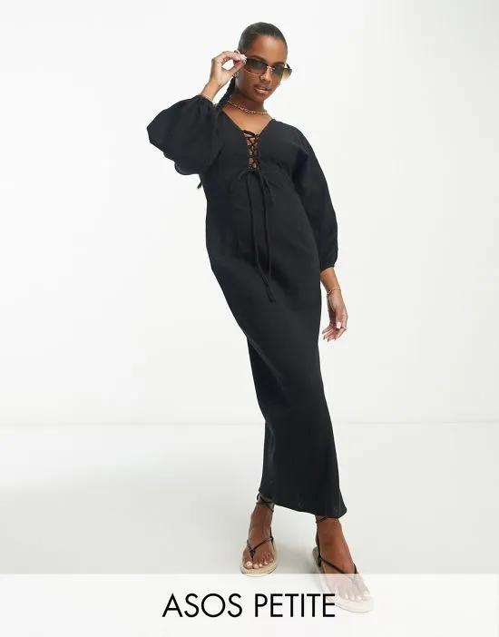 ASOS DESIGN Petite natural crinkle bias maxi dress with lace up detail in black