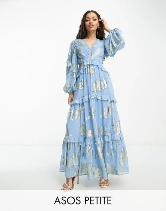 ASOS DESIGN Petite plunge pintuck maxi dress with cut-out and ruffles in blue metallic floral jacquard