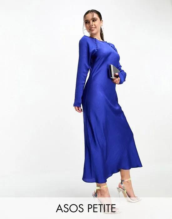 ASOS DESIGN Petite satin biased maxi dress with button detail in cobalt blue