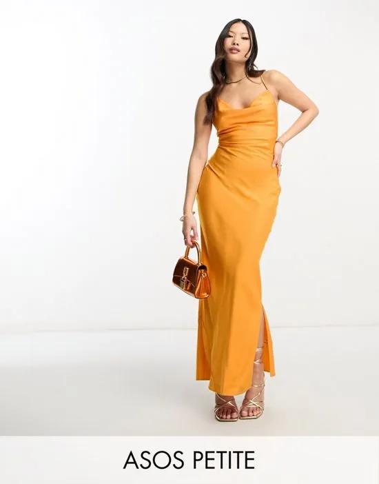 ASOS DESIGN Petite satin cami maxi slip dress with lace up back in orange