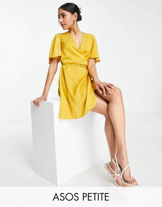 ASOS DESIGN Petite satin wrap mini dress with flutter sleeve and tie detail in gold