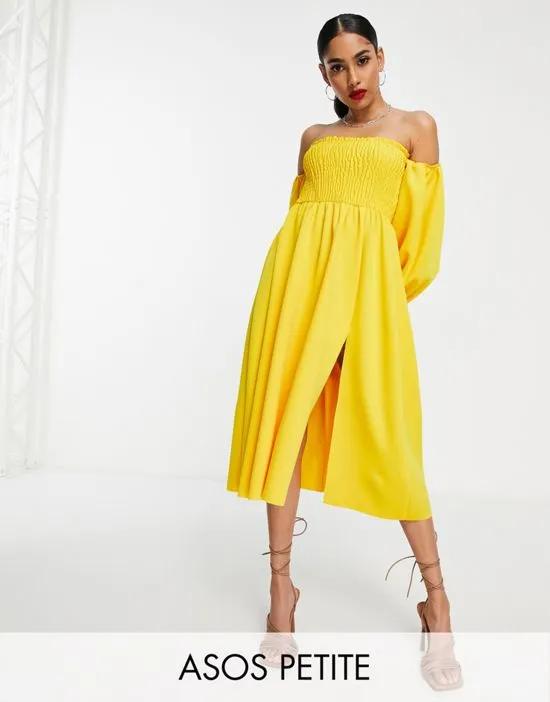 ASOS DESIGN Petite shirred bardot blouson sleeve prom midi dress in lemon
