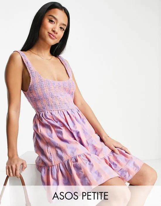 ASOS DESIGN Petite shirred mini sundress with tiers in lilac and peach gingham