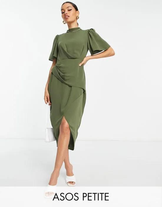 ASOS DESIGN Petite short sleeve high neck drape wrap front mini dress in khaki