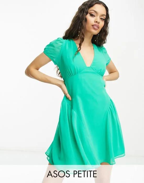 ASOS DESIGN Petite short sleeve V-neck chiffon mini dress in emerald green