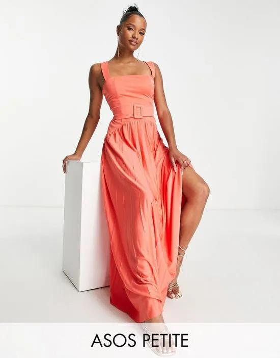 ASOS DESIGN Petite square neck dropped waist belted pleat maxi dress in hot coral - BPINK