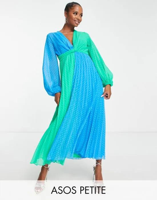 ASOS DESIGN Petite textured twist front pleated midi dress in green and blue color block