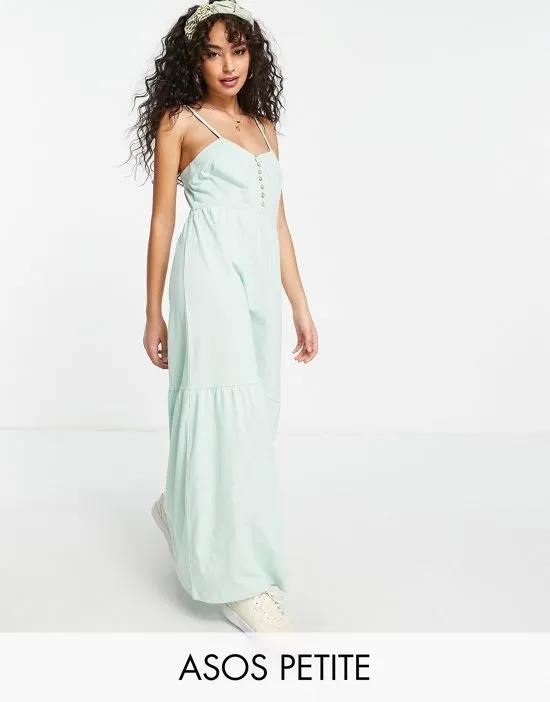ASOS DESIGN Petite tiered cami maxi dress with faux shell buttons in pale green