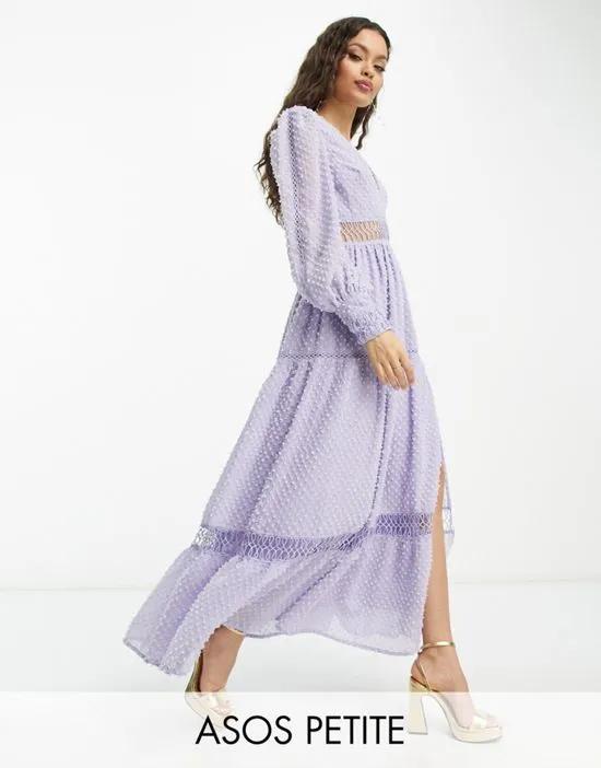 ASOS DESIGN Petite tufted textured lace insert maxi dress in lilac