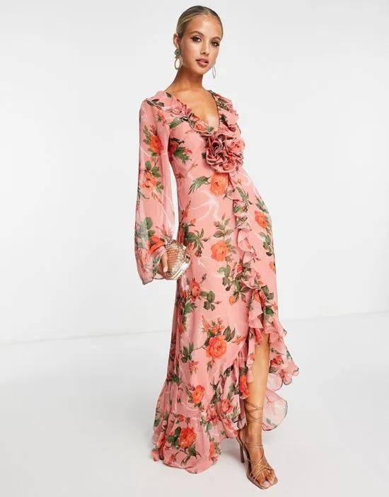 ASOS DESIGN ruffle detail plunge maxi dress with corsage in pink floral print