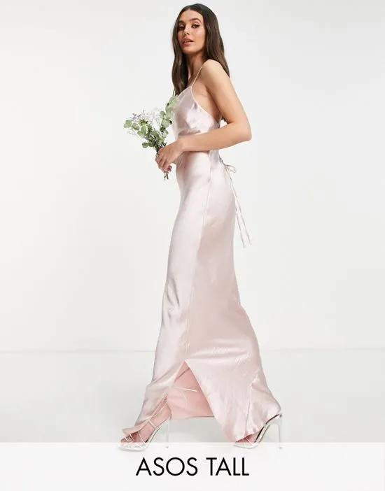 ASOS DESIGN Tall Bridesmaid cami maxi slip dress in high-shine satin with lace-up back in blush