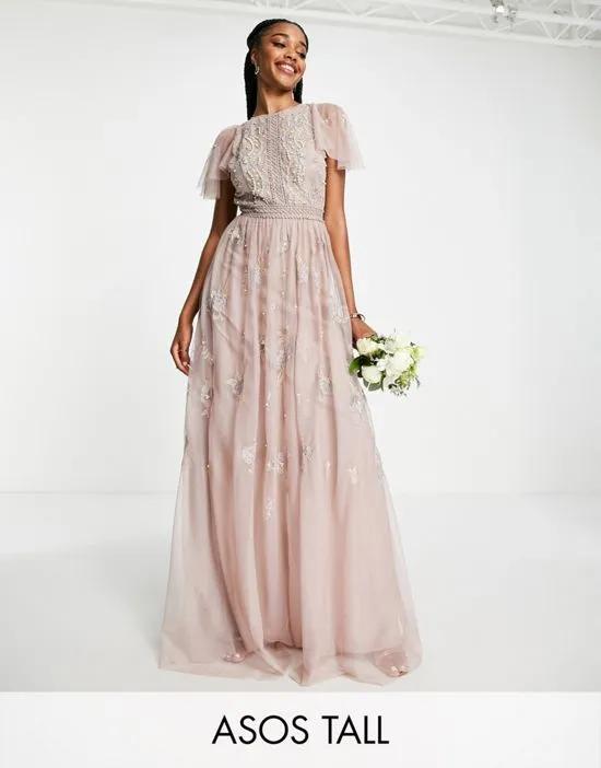 ASOS DESIGN Tall Bridesmaid pearl embellished flutter sleeve maxi dress with floral embroidery in rose