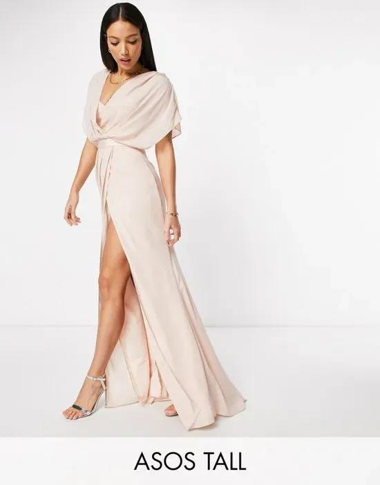 ASOS DESIGN Tall Bridesmaid short sleeved cowl front maxi dress with button back detail