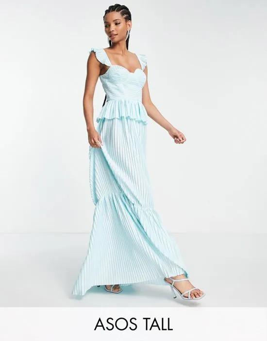 ASOS DESIGN Tall corset detail pleated tiered maxi dress in dusty blue