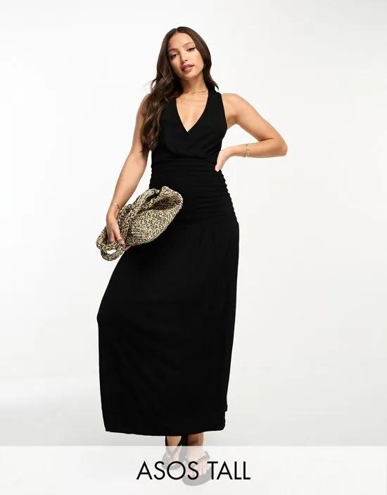 ASOS DESIGN Tall crinkle v neck maxi smock dress with shirred waist in black