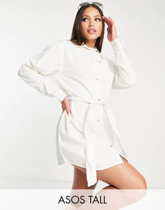 ASOS DESIGN Tall denim belted shirt dress in white