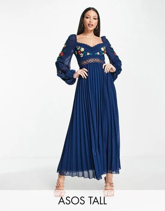 ASOS DESIGN Tall embroidered lace insert pleated midi dress with long sleeves in navy