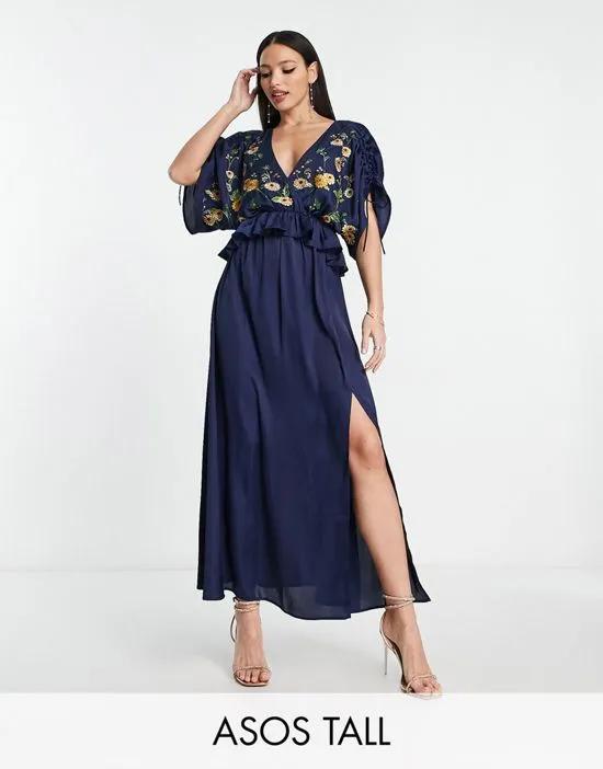 ASOS DESIGN Tall embroidered satin midi dress with frill waist in navy