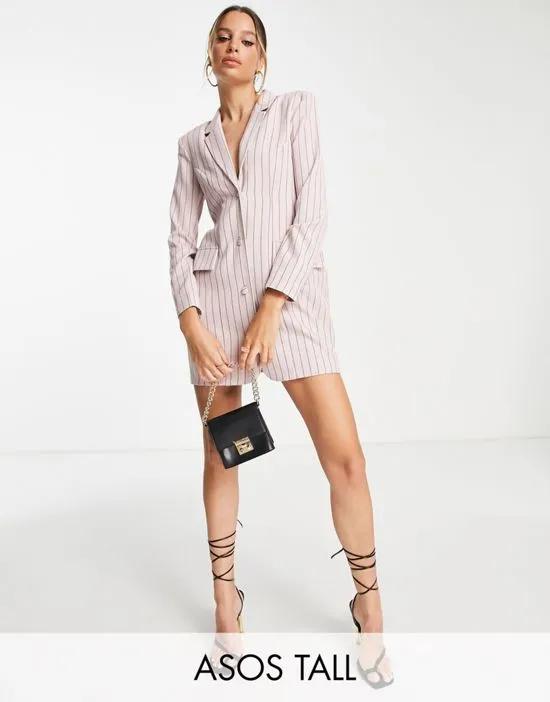 ASOS DESIGN Tall fitted blazer mini dress with shoulder pads in pink pinstripe