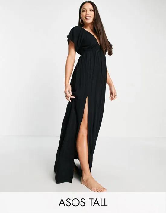 ASOS DESIGN Tall flutter sleeve maxi beach dress in black