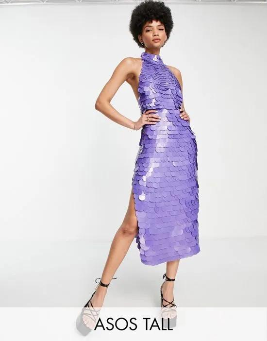 ASOS DESIGN Tall high neck disc sequin midi dress in purple