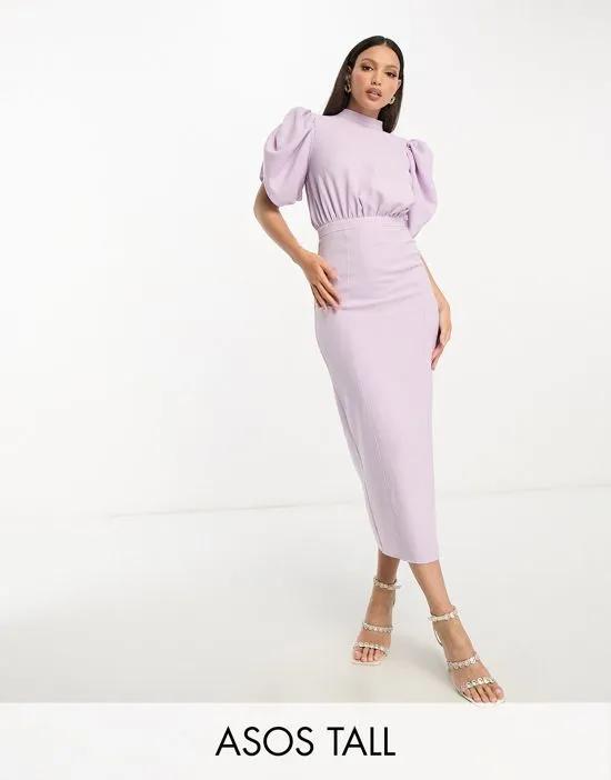 ASOS DESIGN Tall high neck volume sleeve midi dress with fitted skirt in lilac