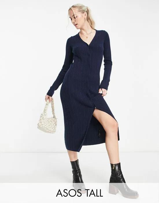 ASOS DESIGN Tall knit midi dress with snap front in navy