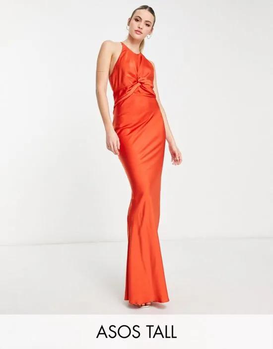 ASOS DESIGN Tall knot front satin maxi dress with tie back detail in orange