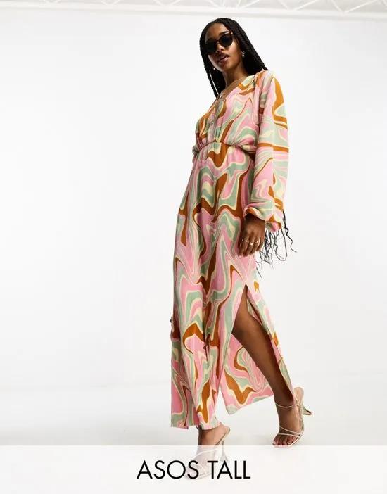 ASOS DESIGN Tall long sleeve batwing midi dress with tie back in pink swirl print