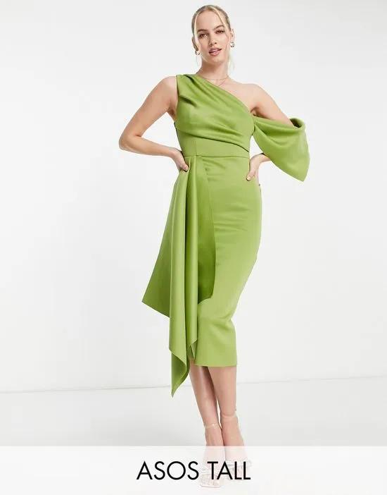 ASOS DESIGN Tall off shoulder pencil dress with ruffle detail in olive