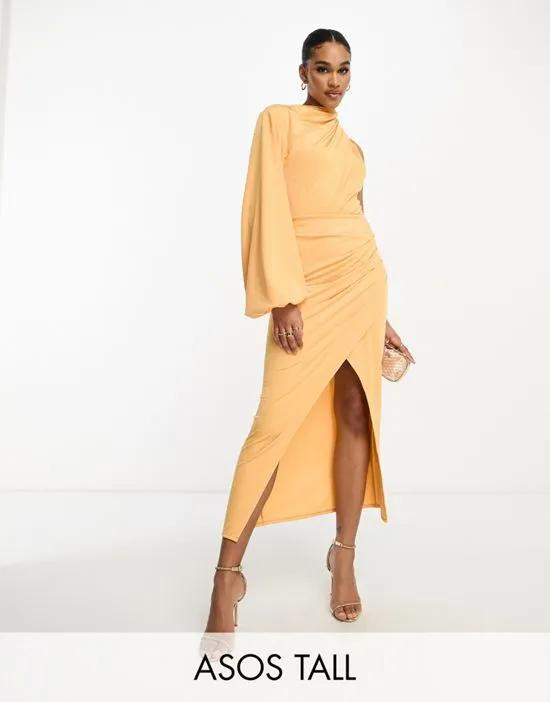 ASOS DESIGN Tall one shoulder drape neck midi dress in marigold