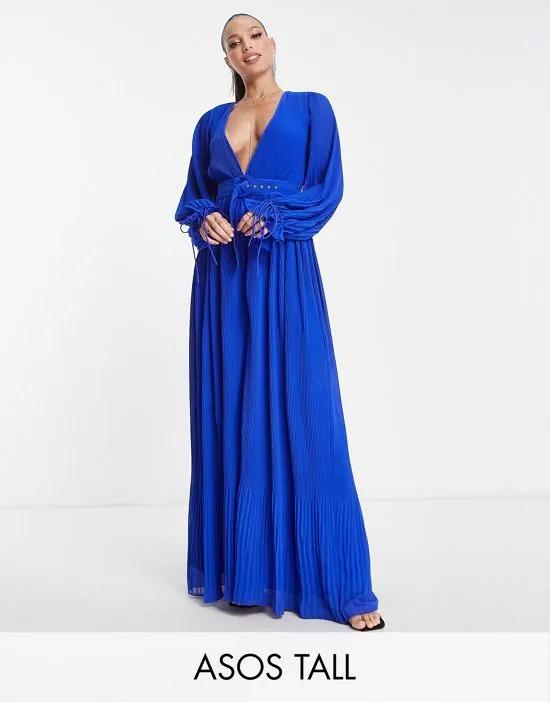 ASOS DESIGN Tall pleated blouson sleeve maxi dress with belt detail in cobalt blue