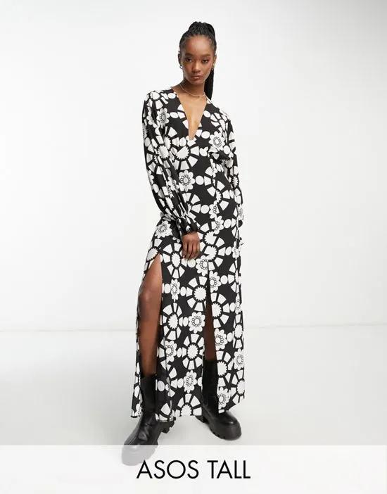 ASOS DESIGN Tall plunge batwing maxi dress in monochrome abstract print