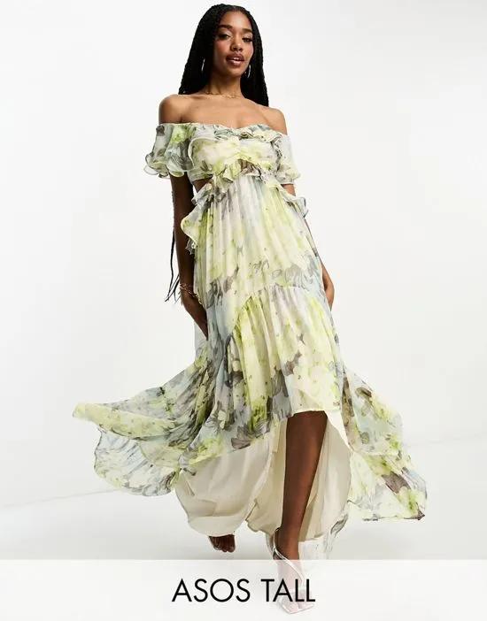 ASOS DESIGN Tall ruffle cut out off the shoulder maxi dress with hi low hem in green floral print