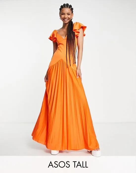 ASOS DESIGN Tall ruffle shoulder pleated maxi dress in orange - ORANGE