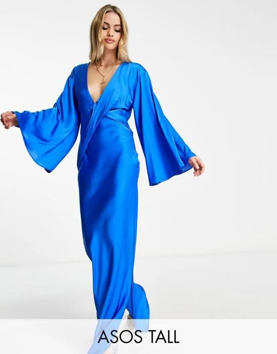 ASOS DESIGN Tall satin batwing maxi dress with drape bodice detail in cobalt blue