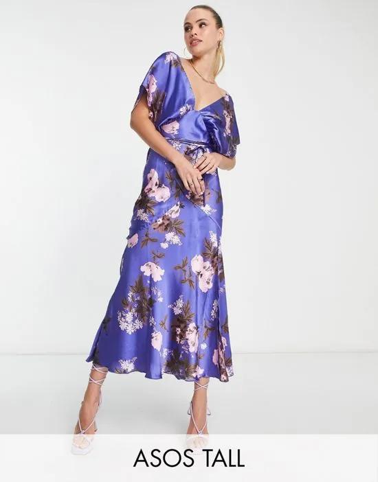ASOS DESIGN Tall satin batwing midi dress with large floral print in purple