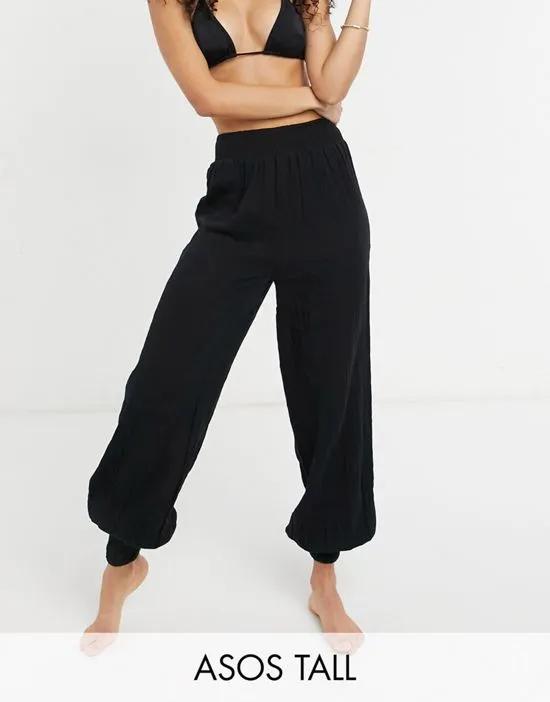 ASOS DESIGN tall shirred harem beach pant in black