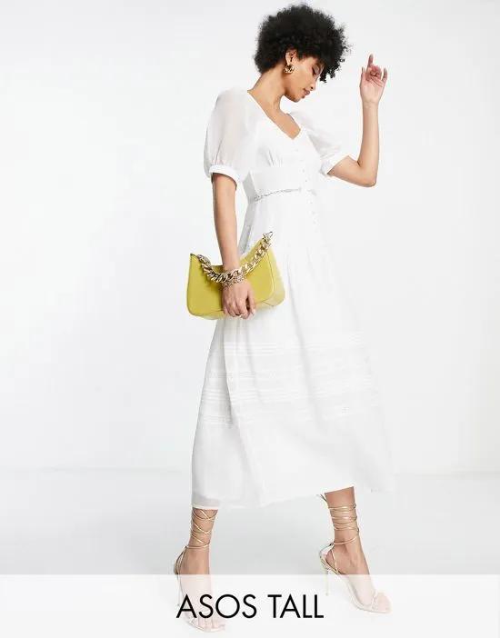 ASOS DESIGN Tall soft sweetheart neck button up midi dress with lace inserts in cream