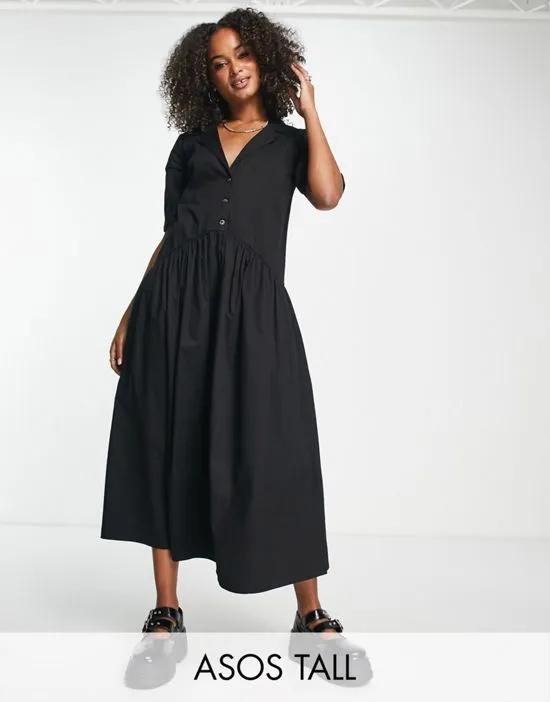 ASOS DESIGN Tall twill collared button midi smock dress in black