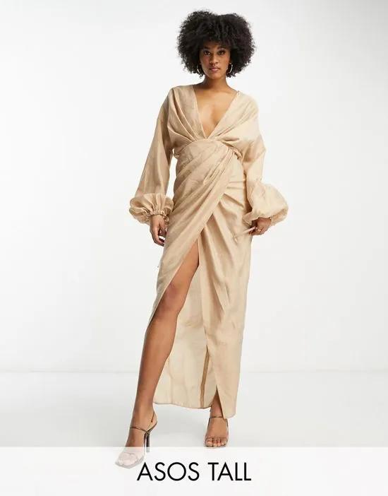 ASOS DESIGN Tall washed plunge midaxi dress with draping detail in stone