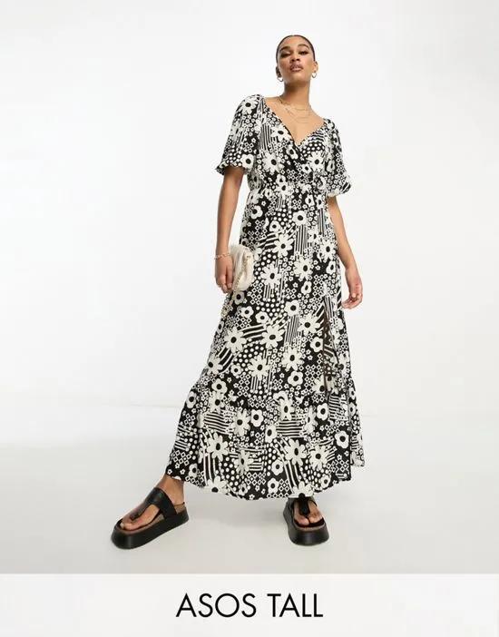 ASOS DESIGN Tall wrap bodice button up skirt with pep hem midi dress in monochrome floral