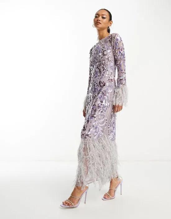 ASOS EDITION sequin and faux feather fringe midi dress in lilac