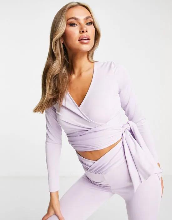 ASOS LUXE ACTIVE sports wrap top in lavender - part of a set